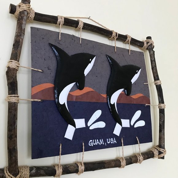 Orca Whale Guam Island Mixed Media 3D Wall Hanging 13x16" Tropical Ocean Life - Picture 2 of 7